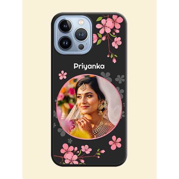 Round Image with Pink Color Floral Design on Photo on Space Black Soft Matte Back Cover - iPhone 13 Pro Max