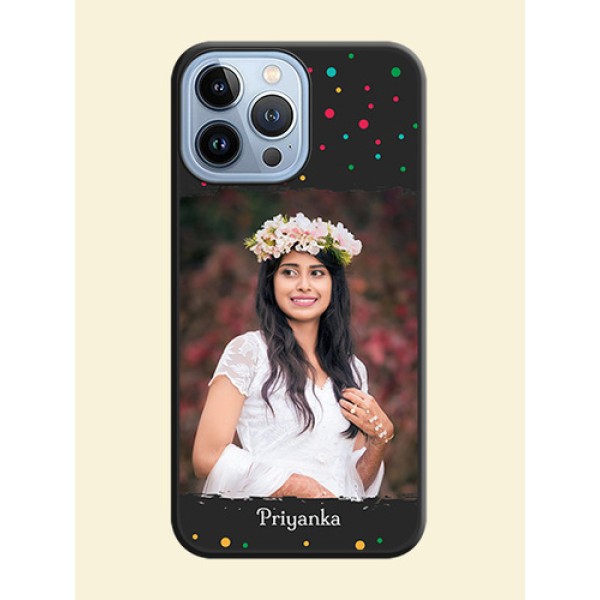 Multicolor Dotted Pattern with Text on Space Black Custom Soft Matte Phone Back Cover - iPhone 13 Pro Max Multicolor Dotted Pattern with Text on Space Black Custom Soft Matte Phone Back Cover - iPhone 13 Pro Max