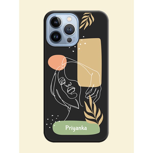 Custom Text With Line Art Of Women & Leaves Design On Space Black Personalized Soft Matte Phone Covers -Apple Iphone 13 Pro Max Custom Text With Line Art Of Women & Leaves Design On Space Black Personalized Soft Matte Phone Covers -Apple Iphone 13 Pro Max