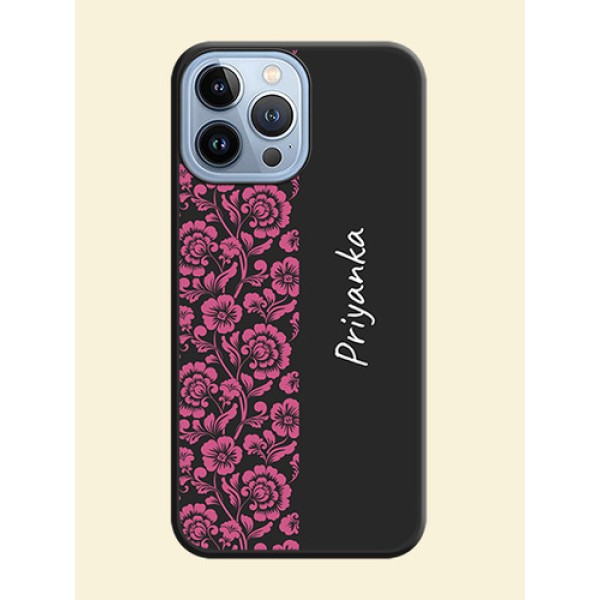 Pink Floral Pattern Design With Custom Text On Space Black Personalized Soft Matte Phone Covers -Apple Iphone 13 Pro Max Pink Floral Pattern Design With Custom Text On Space Black Personalized Soft Matte Phone Covers -Apple Iphone 13 Pro Max