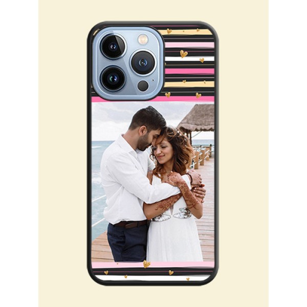 Multicolor Lines and Golden Love Symbols Design on Photo on Space Black Soft Matte Mobile Cover - iPhone 13 Pro Multicolor Lines and Golden Love Symbols Design on Photo on Space Black Soft Matte Mobile Cover - iPhone 13 Pro