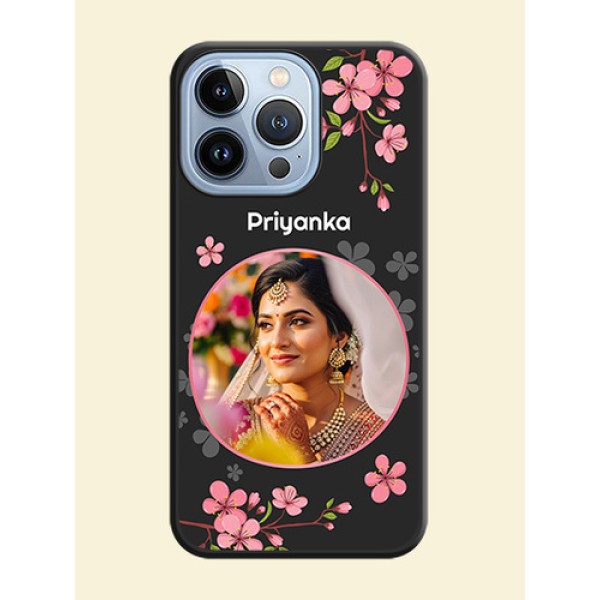 Round Image with Pink Color Floral Design on Photo on Space Black Soft Matte Back Cover - iPhone 13 Pro