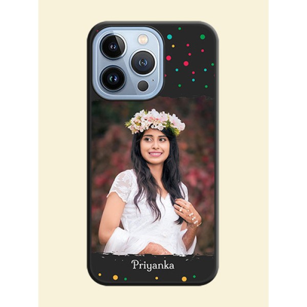 Multicolor Dotted Pattern with Text on Space Black Custom Soft Matte Phone Back Cover - iPhone 13 Pro Multicolor Dotted Pattern with Text on Space Black Custom Soft Matte Phone Back Cover - iPhone 13 Pro