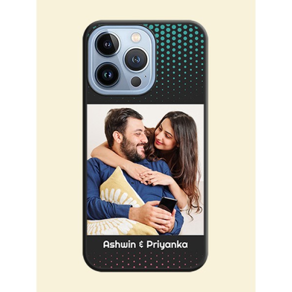 Faded Dots with Grunge Photo Frame and Text on Space Black Custom Soft Matte Phone Cases - iPhone 13 Pro Faded Dots with Grunge Photo Frame and Text on Space Black Custom Soft Matte Phone Cases - iPhone 13 Pro