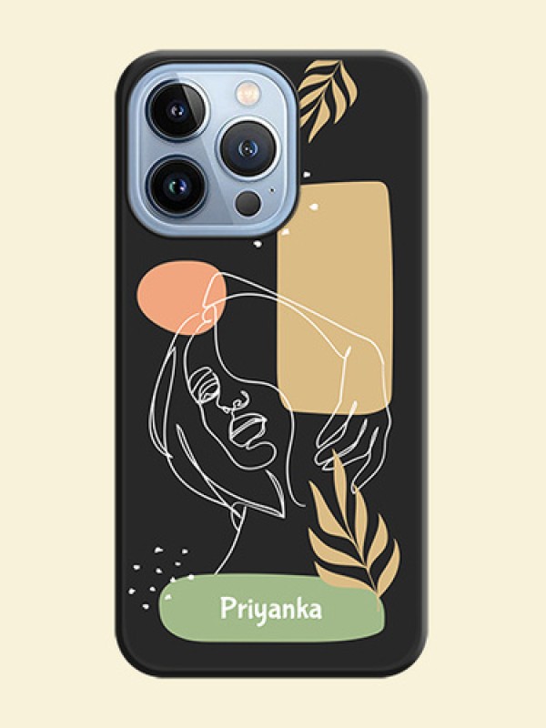 Custom Text With Line Art Of Women & Leaves Design On Space Black Personalized Soft Matte Phone Covers -Apple Iphone 13 Pro