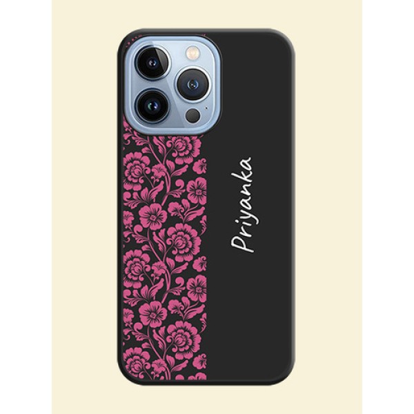 Pink Floral Pattern Design With Custom Text On Space Black Personalized Soft Matte Phone Covers -Apple Iphone 13 Pro Pink Floral Pattern Design With Custom Text On Space Black Personalized Soft Matte Phone Covers -Apple Iphone 13 Pro