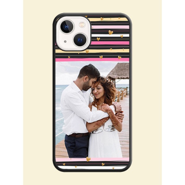 Multicolor Lines and Golden Love Symbols Design on Photo on Space Black Soft Matte Mobile Cover - iPhone 13 Multicolor Lines and Golden Love Symbols Design on Photo on Space Black Soft Matte Mobile Cover - iPhone 13