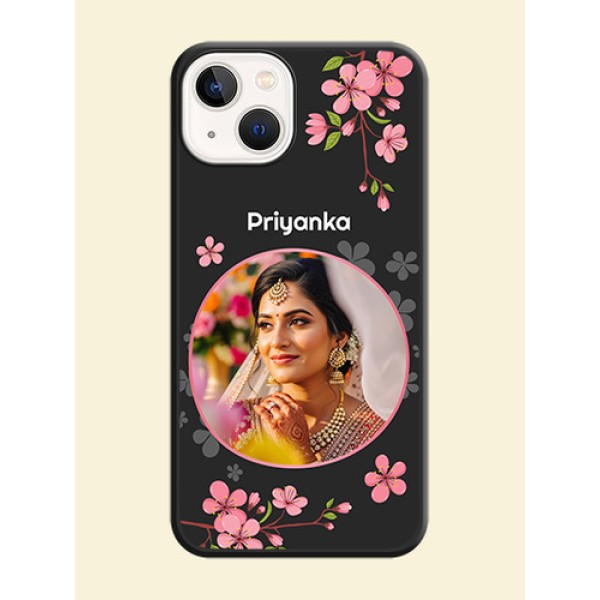 Round Image with Pink Color Floral Design on Photo on Space Black Soft Matte Back Cover - iPhone 13