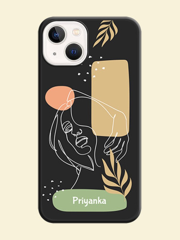 Custom Text With Line Art Of Women & Leaves Design On Space Black Personalized Soft Matte Phone Covers -Apple Iphone 13