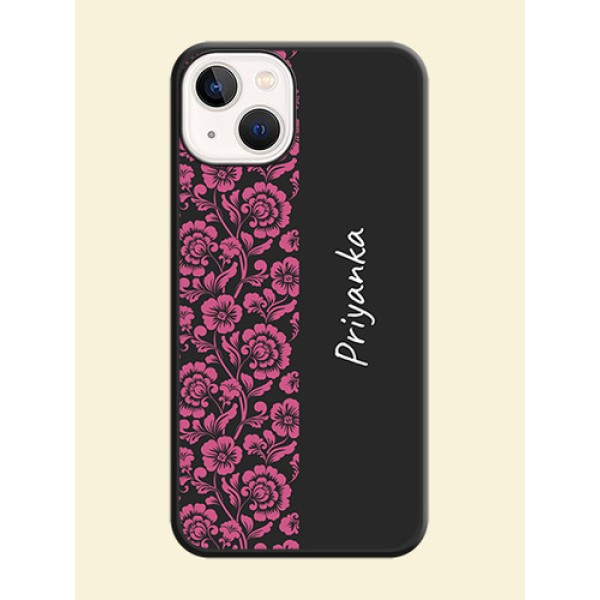 Pink Floral Pattern Design With Custom Text On Space Black Personalized Soft Matte Phone Covers -Apple Iphone 13 Pink Floral Pattern Design With Custom Text On Space Black Personalized Soft Matte Phone Covers -Apple Iphone 13