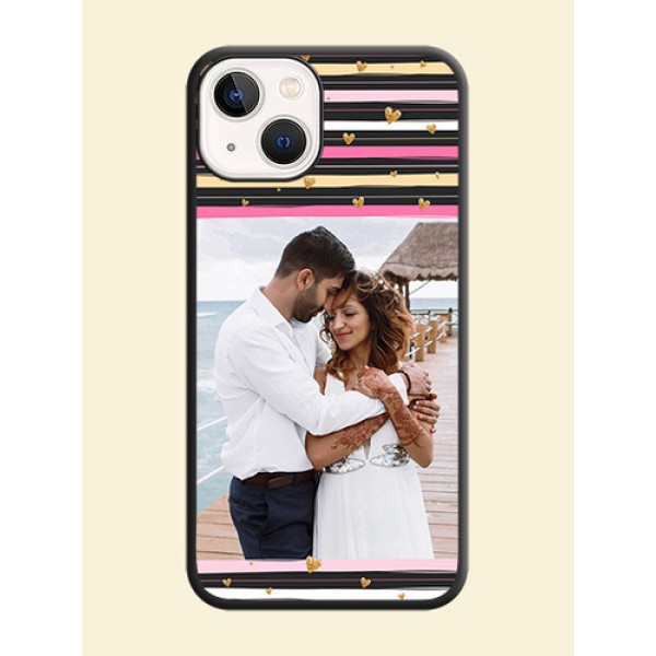Multicolor Lines and Golden Love Symbols Design on Photo on Space Black Soft Matte Mobile Cover - iPhone 14 Plus Multicolor Lines and Golden Love Symbols Design on Photo on Space Black Soft Matte Mobile Cover - iPhone 14 Plus