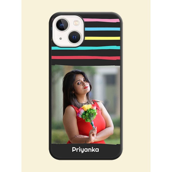 Multicolor Lines with Image on Space Black Personalized Soft Matte Phone Covers - iPhone 14 Plus Multicolor Lines with Image on Space Black Personalized Soft Matte Phone Covers - iPhone 14 Plus