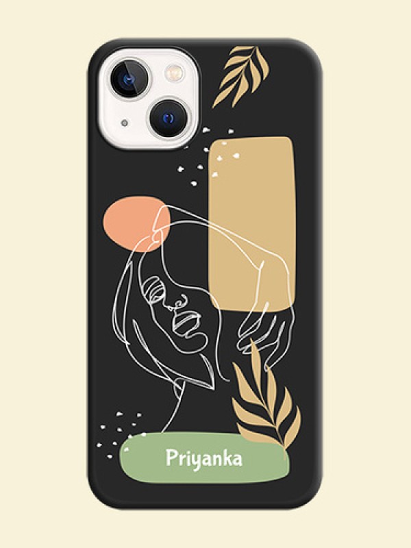 Custom Text With Line Art Of Women & Leaves Design On Space Black Personalized Soft Matte Phone Covers -Apple Iphone 14 Plus