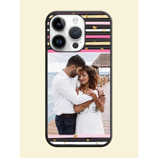 Multicolor Lines and Golden Love Symbols Design on Photo on Space Black Soft Matte Mobile Cover - iPhone 14 Pro Max Multicolor Lines and Golden Love Symbols Design on Photo on Space Black Soft Matte Mobile Cover - iPhone 14 Pro Max