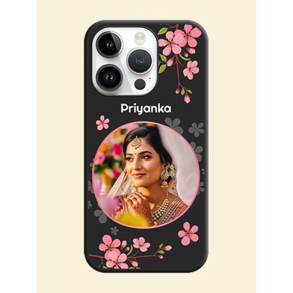 Round Image with Pink Color Floral Design on Photo on Space Black Soft Matte Back Cover - iPhone 14 Pro Max