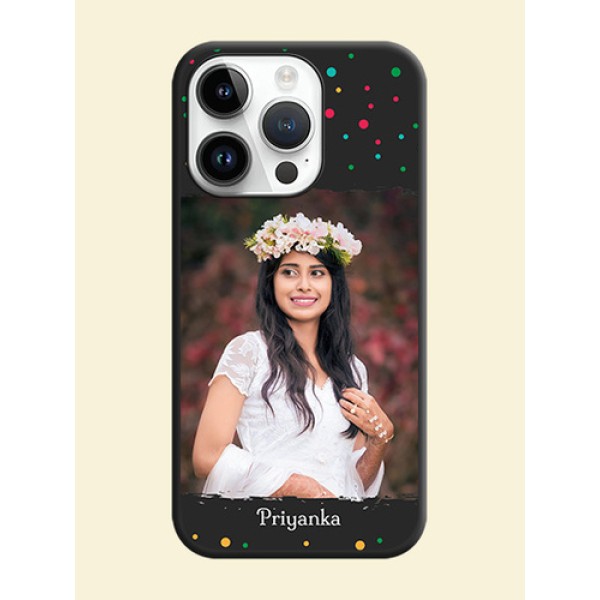 Multicolor Dotted Pattern with Text on Space Black Custom Soft Matte Phone Back Cover - iPhone 14 Pro Max Multicolor Dotted Pattern with Text on Space Black Custom Soft Matte Phone Back Cover - iPhone 14 Pro Max