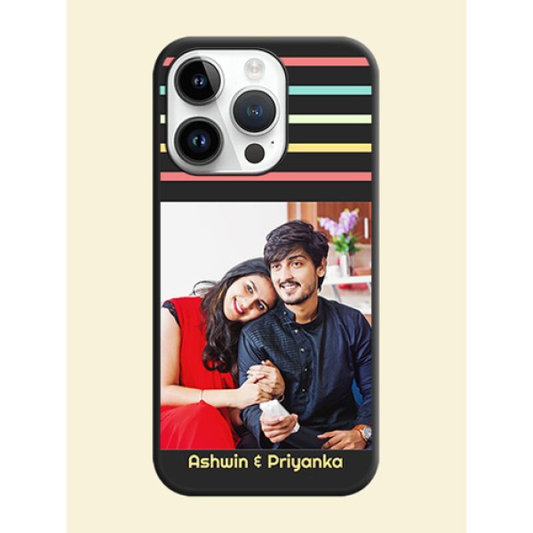 Color Stripes with Photo and Text on Photo on Space Black Soft Matte Mobile Case - iPhone 14 Pro Max Color Stripes with Photo and Text on Photo on Space Black Soft Matte Mobile Case - iPhone 14 Pro Max