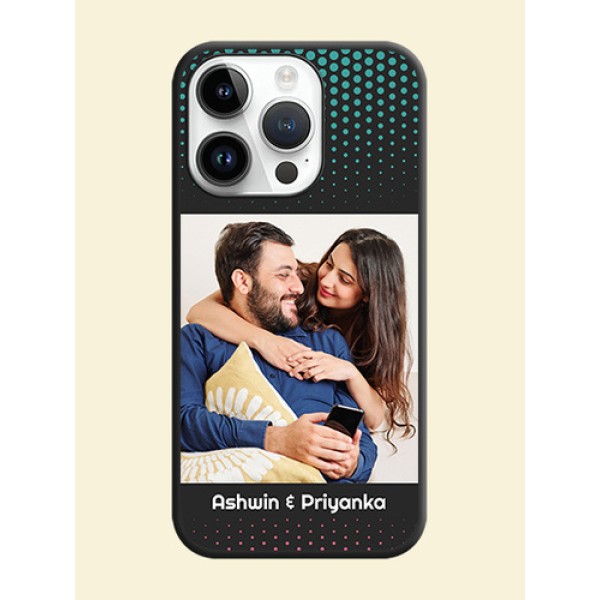 Faded Dots with Grunge Photo Frame and Text on Space Black Custom Soft Matte Phone Cases - iPhone 14 Pro Max Faded Dots with Grunge Photo Frame and Text on Space Black Custom Soft Matte Phone Cases - iPhone 14 Pro Max