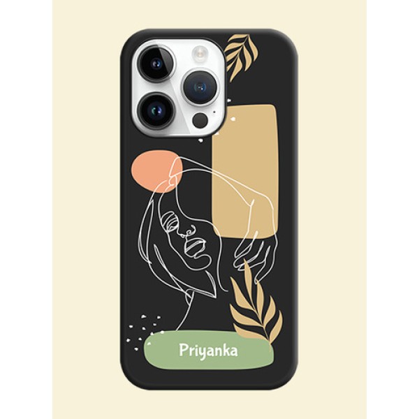 Custom Text With Line Art Of Women & Leaves Design On Space Black Personalized Soft Matte Phone Covers -Apple Iphone 14 Pro Max Custom Text With Line Art Of Women & Leaves Design On Space Black Personalized Soft Matte Phone Covers -Apple Iphone 14 Pro Max