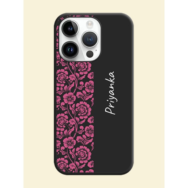 Pink Floral Pattern Design With Custom Text On Space Black Personalized Soft Matte Phone Covers -Apple Iphone 14 Pro Max Pink Floral Pattern Design With Custom Text On Space Black Personalized Soft Matte Phone Covers -Apple Iphone 14 Pro Max