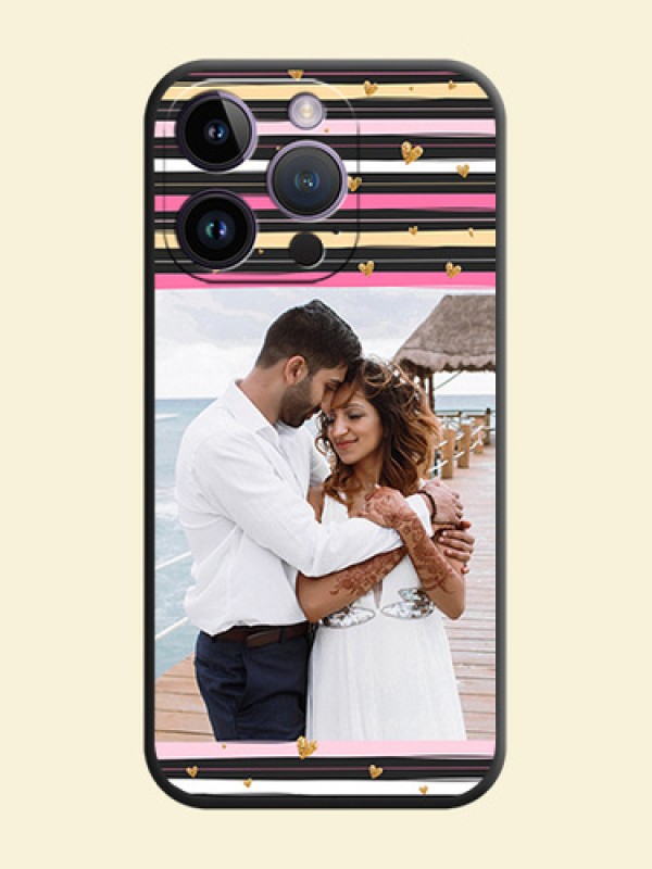 Multicolor Lines and Golden Love Symbols Design on Photo on Space Black Soft Matte Mobile Cover - iPhone 14 Pro