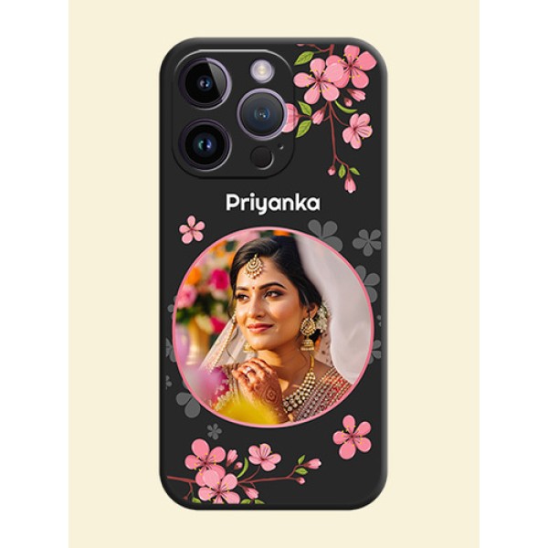 Round Image with Pink Color Floral Design on Photo on Space Black Soft Matte Back Cover - iPhone 14 Pro