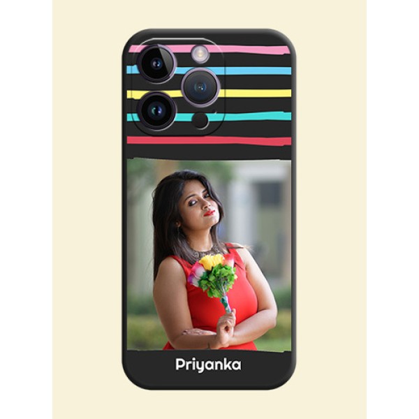 Multicolor Lines with Image on Space Black Personalized Soft Matte Phone Covers - iPhone 14 Pro Multicolor Lines with Image on Space Black Personalized Soft Matte Phone Covers - iPhone 14 Pro