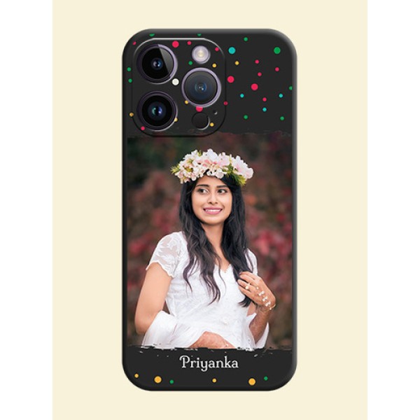 Multicolor Dotted Pattern with Text on Space Black Custom Soft Matte Phone Back Cover - iPhone 14 Pro Multicolor Dotted Pattern with Text on Space Black Custom Soft Matte Phone Back Cover - iPhone 14 Pro