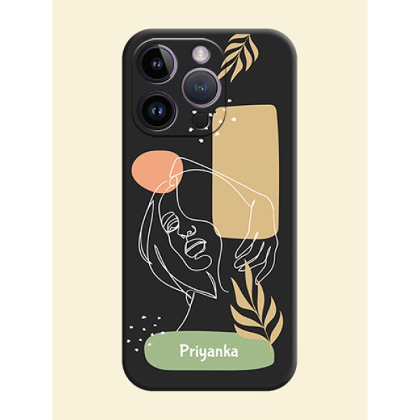 Custom Text With Line Art Of Women & Leaves Design On Space Black Personalized Soft Matte Phone Covers -Apple Iphone 14 Pro Custom Text With Line Art Of Women & Leaves Design On Space Black Personalized Soft Matte Phone Covers -Apple Iphone 14 Pro