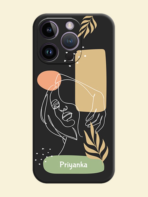 Custom Text With Line Art Of Women & Leaves Design On Space Black Personalized Soft Matte Phone Covers -Apple Iphone 14 Pro