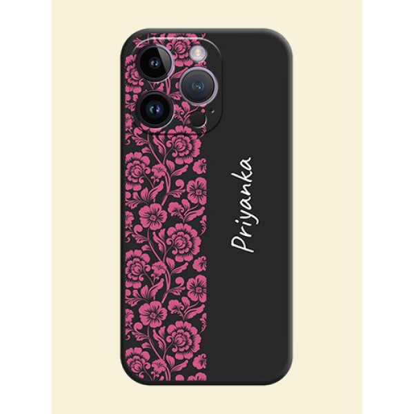 Pink Floral Pattern Design With Custom Text On Space Black Personalized Soft Matte Phone Covers -Apple Iphone 14 Pro Pink Floral Pattern Design With Custom Text On Space Black Personalized Soft Matte Phone Covers -Apple Iphone 14 Pro