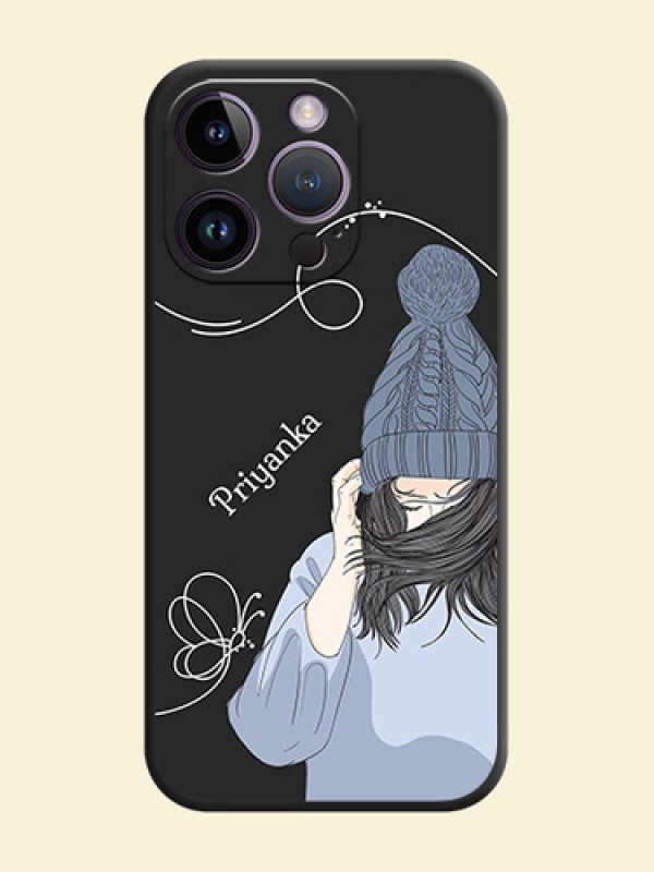 Girl With Blue Winter Outfiit Custom Text Design On Space Black Personalized Soft Matte Phone Covers -Apple Iphone 14 Pro