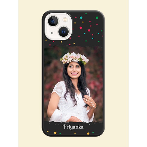 Multicolor Dotted Pattern with Text on Space Black Custom Soft Matte Phone Back Cover - Apple iPhone 14 Multicolor Dotted Pattern with Text on Space Black Custom Soft Matte Phone Back Cover - Apple iPhone 14