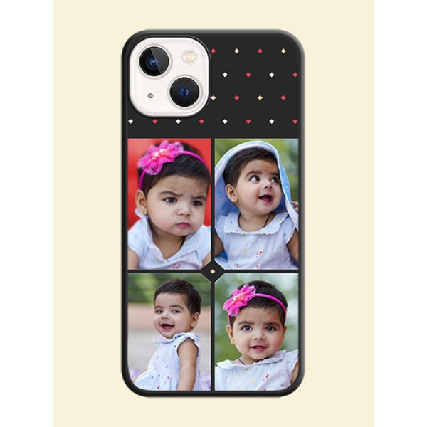 Multicolor Dotted Pattern with 4 Image Holder on Space Black Custom Soft Matte Phone Cases - Apple iPhone 14 Multicolor Dotted Pattern with 4 Image Holder on Space Black Custom Soft Matte Phone Cases - Apple iPhone 14