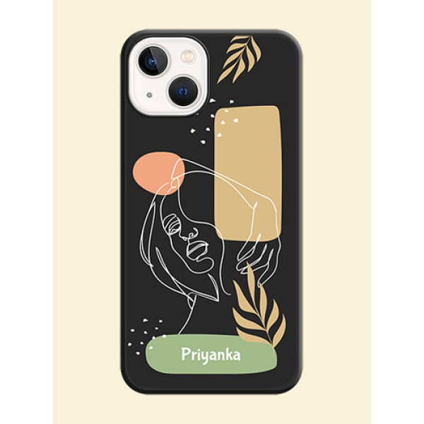 Custom Text With Line Art Of Women & Leaves Design On Space Black Personalized Soft Matte Phone Covers -Apple Iphone 14 Custom Text With Line Art Of Women & Leaves Design On Space Black Personalized Soft Matte Phone Covers -Apple Iphone 14
