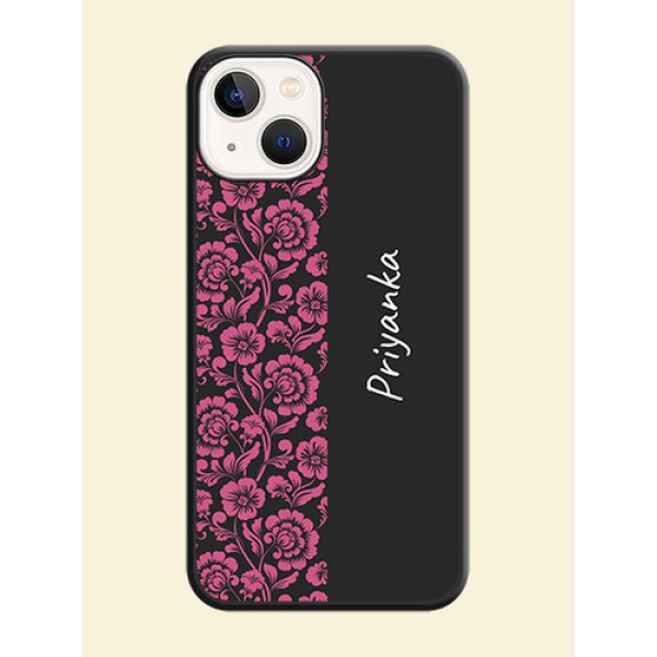 Pink Floral Pattern Design With Custom Text On Space Black Personalized Soft Matte Phone Covers -Apple Iphone 14 Pink Floral Pattern Design With Custom Text On Space Black Personalized Soft Matte Phone Covers -Apple Iphone 14