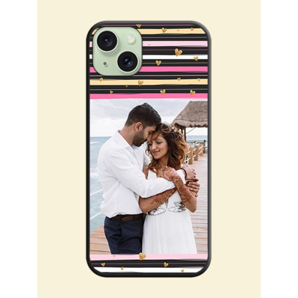 Multicolor Lines and Golden Love Symbols Design - Photo on Space Black Soft Matte Mobile Cover - iPhone 15 Plus