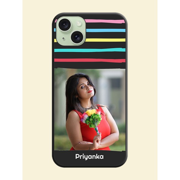Multicolor Lines with Image on Space Black Personalized Soft Matte Phone Covers - iPhone 15 Plus Multicolor Lines with Image on Space Black Personalized Soft Matte Phone Covers - iPhone 15 Plus