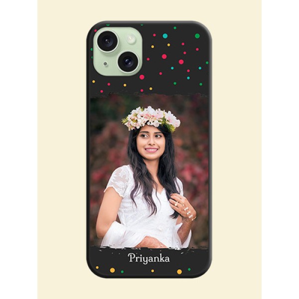Multicolor Dotted Pattern with Text on Space Black Custom Soft Matte Phone Back Cover - iPhone 15 Plus Multicolor Dotted Pattern with Text on Space Black Custom Soft Matte Phone Back Cover - iPhone 15 Plus