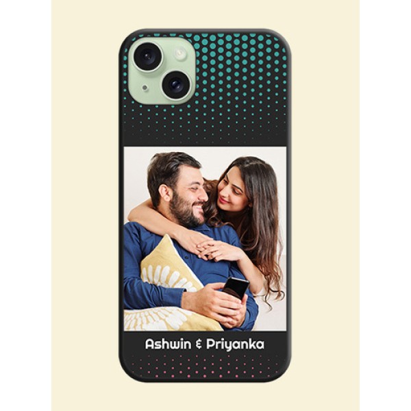 Faded Dots with Grunge Photo Frame and Text on Space Black Custom Soft Matte Phone Cases - iPhone 15 Plus Faded Dots with Grunge Photo Frame and Text on Space Black Custom Soft Matte Phone Cases - iPhone 15 Plus