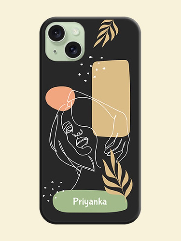 Custom Text With Line Art Of Women & Leaves Design On Space Black Personalized Soft Matte Phone Covers - iPhone 15 Plus