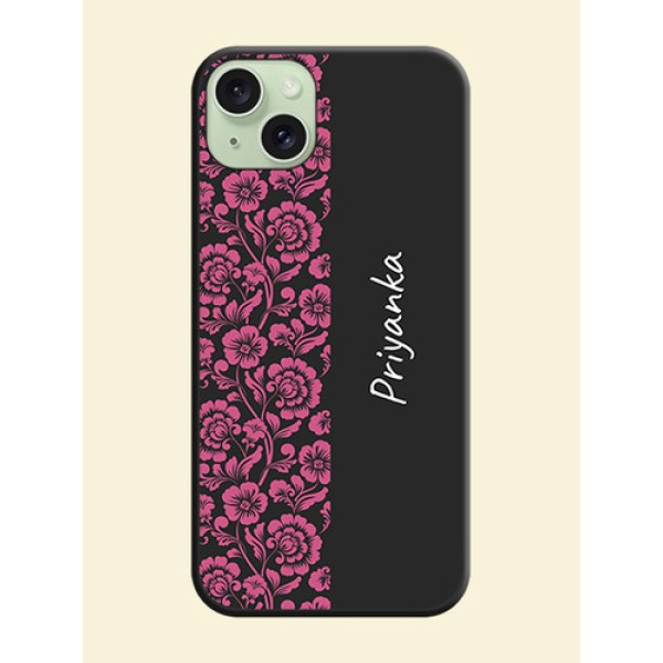 Pink Floral Pattern Design With Custom Text On Space Black Personalized Soft Matte Phone Covers - iPhone 15 Plus Pink Floral Pattern Design With Custom Text On Space Black Personalized Soft Matte Phone Covers - iPhone 15 Plus
