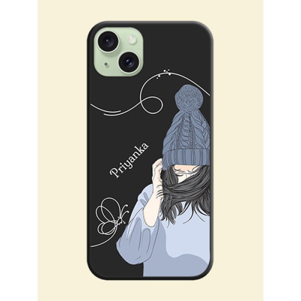 Girl With Blue Winter Outfiit Custom Text Design On Space Black Personalized Soft Matte Phone Covers - iPhone 15 Plus Girl With Blue Winter Outfiit Custom Text Design On Space Black Personalized Soft Matte Phone Covers - iPhone 15 Plus