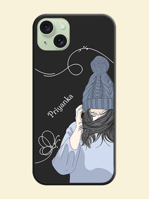 Girl With Blue Winter Outfiit Custom Text Design On Space Black Personalized Soft Matte Phone Covers - iPhone 15 Plus