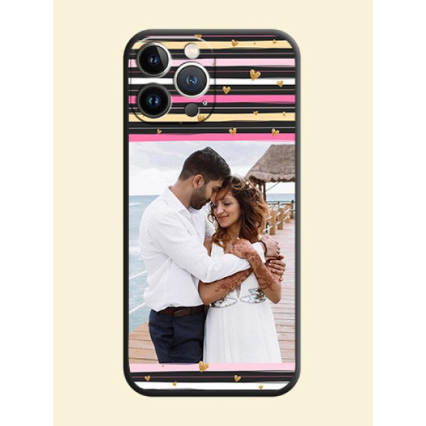 Multicolor Lines and Golden Love Symbols Design - Photo on Space Black Soft Matte Mobile Cover - iPhone 15 Pro Max