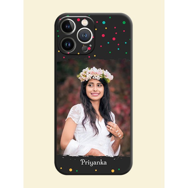 Multicolor Dotted Pattern with Text on Space Black Custom Soft Matte Phone Back Cover - iPhone 15 Pro Max Multicolor Dotted Pattern with Text on Space Black Custom Soft Matte Phone Back Cover - iPhone 15 Pro Max