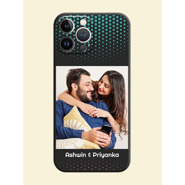 Faded Dots with Grunge Photo Frame and Text on Space Black Custom Soft Matte Phone Cases - iPhone 15 Pro Max Faded Dots with Grunge Photo Frame and Text on Space Black Custom Soft Matte Phone Cases - iPhone 15 Pro Max