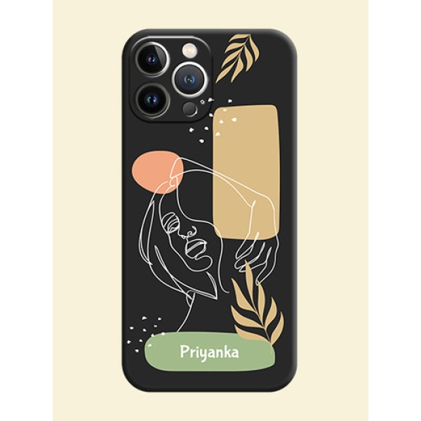 Custom Text With Line Art Of Women & Leaves Design On Space Black Personalized Soft Matte Phone Covers - iPhone 15 Pro Max