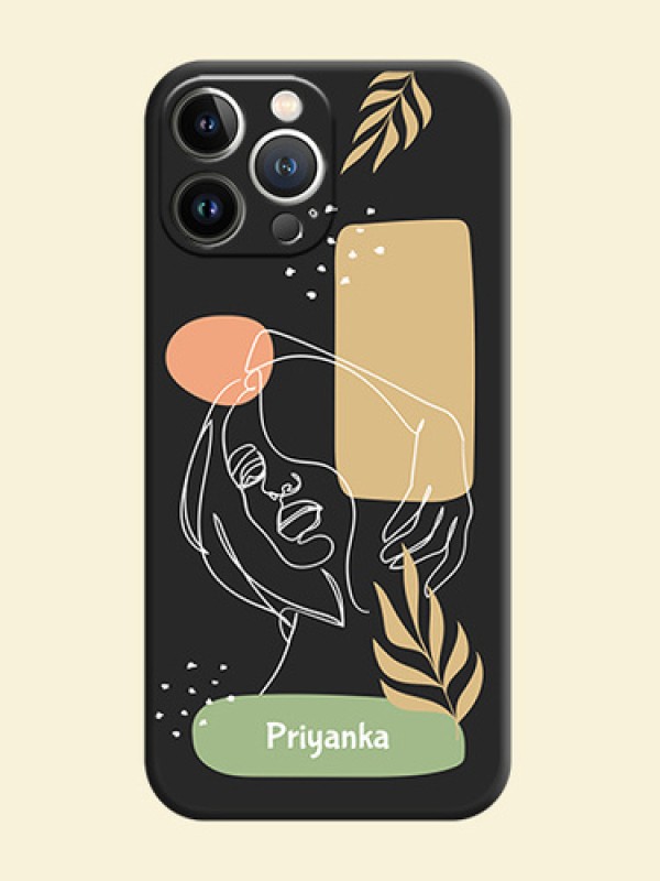 Custom Text With Line Art Of Women & Leaves Design On Space Black Personalized Soft Matte Phone Covers - iPhone 15 Pro Max