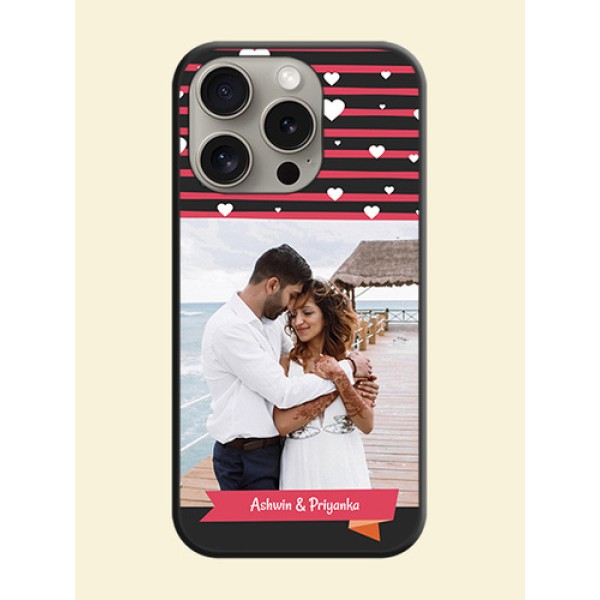 White Color Love Symbols with Pink Lines Pattern on Space Black Custom Soft Matte Phone Cases - iPhone 15 Pro